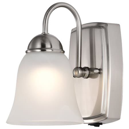 Nuvo 8 Watt, LED 1-Light Vanity Fixture, 3000K, Brushed Nickel with Alabaster Glass, With Switch 62/1569